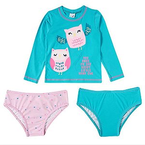 Conjunto Praia Tip Top 3 Pçs Toddler Coruja Camiseta Manga Longa + 2 Calcinhas UV50+ Feminino
