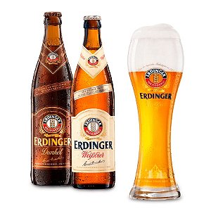 Cerveja Erdinger Garrafa - 1 Erdinger Weissbier 500ml + 1 Erdinger Dunkel 500ml + 1 Copo Erdinger 500ml