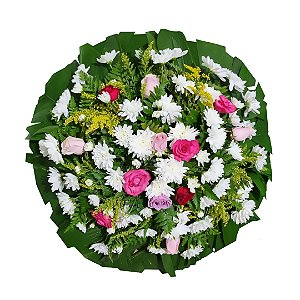 Coroa de Flores Com Rosas Lilás, Cor de Rosa e Crisântemos Brancos