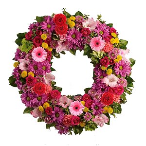 Coroa de Flores Estilo Arco Americano Com Flores em Tonalidades Rosas