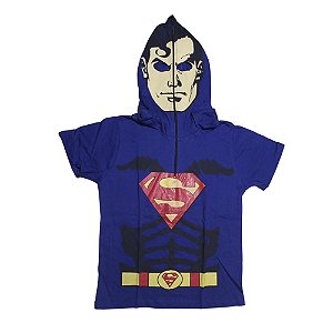Camiseta Personagem Infantil com Capuz e Máscara Superman de Zíper Fantasia Super Homem Presente Aniversário Menino Natal Dia das Crianças