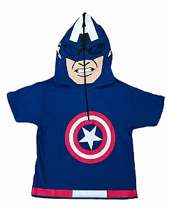 Camiseta Personagem Infantil com Capuz e Máscara Capitão América de Zíper Fantasia Presente Aniversário Menino Natal Dia das Crianças