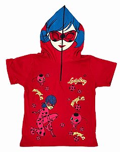 Camiseta Personagem Infantil com Capuz e Máscara Ladybug de Zíper Fantasia Presente Aniversário Menina Natal Dia das Crianças