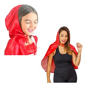 Fantasia Feminina Capa Chapeuzinho Vermelho Adulto e Infantil Capuz Carnaval Festa Aniversário Princesa Presente Dia das Crianças Menina