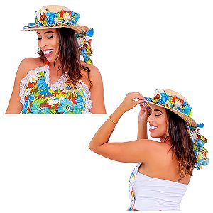 Chapéu Festa Junina Caipira Feminino Luxo de Palha Decorado Tecido Estampado Caipirinha Quadrilha São João Arraiá Quermesse