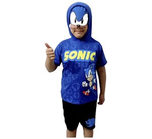 Conjunto Personagem Sonic Capuz E Máscara Meio Rosto Infantil