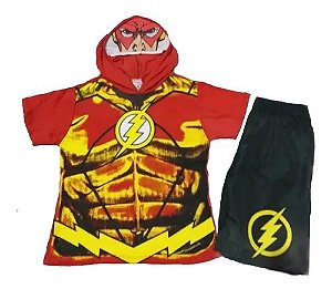 Conjunto Personagem Flash Capuz E Máscara Meio Rosto Infnatil