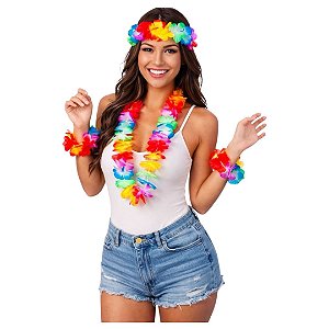 Kit Havaiano Flores Coloridas Acessórios Fantasia Havaiana Hula Hula Luau Festa Tropical Aloha Carnaval