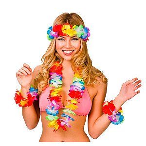 Kit Havaiano Flores Coloridas Acessórios Fantasia Havaiana Hula Hula Luau Festa Tropical Aloha Carnaval