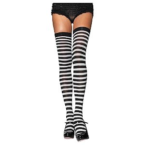 Meia Calça Listrada 7/8 Cosplay Branca e Preta Acessorio Noiva Cadaver Mimico Mágico Carnaval Bloquinho Halloween Dia das Bruxas