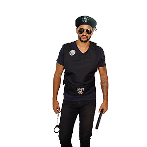 Kit Policial Adulto Masculino Colete E Quepe Fantasia Policial Batalhão Bope Profissão Polícia Segurança