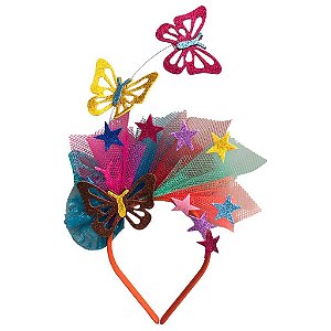 Tiara Carnaval Borboletas Arco com Glitter Tule Bloquinho Kit Folia Micareta Bloco de Rua Fantasia Desfile Escolas Samba