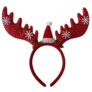 Tiara De Natal Rena Com Brilho Arquinho Vermelho Natalino Chifres De Rena Alce Adulto Infantil Papai Noel