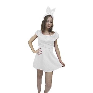 Fantasia Vestido Coelhinha da Páscoa Coelha Branca Adulto Pelúcia Feminina Carnaval Halloween Zumbi Terror