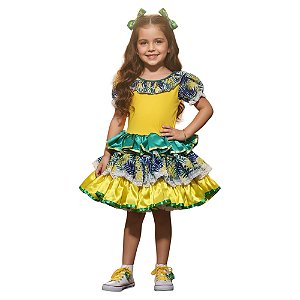 Vestido Brasil Verde e Amarelo Infantil para Copa do Mundo Festa Junina Torcida Organizada