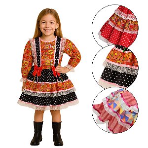 Vestido Junino Infantil Luxo Saia Babado Vestido Festa Junina Caipira Arraial São João