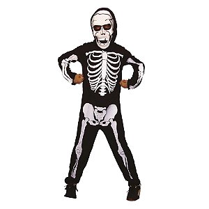 Fantasia Esqueleto Caveira Ossos Macacão Longo Infantil com Máscara Festa Halloween Noites do Terror Dia das Bruxas Carnaval Cosplay