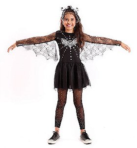 Fantasia Vestido Morcega Infantil Asa Vampira Feiticeira Halloween Dia das Bruxas Noites do Terror Festa Zumbi