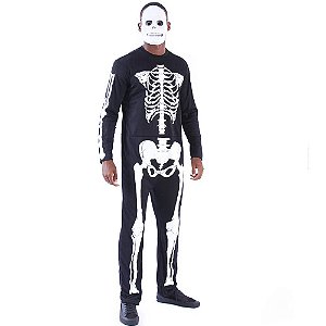 Fantasia de Halloween Adulta Masculino Luxo Esqueleto Com Máscara e Luvas