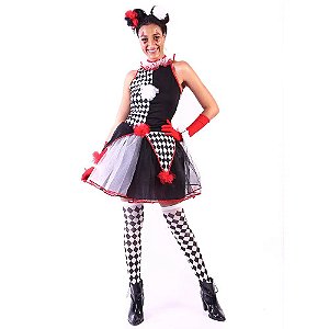 Fantasia Vestido Palhaça Colombina Arlequina Adulto Cosplay Halloween Carnaval Festa Zumbi Noite do Terror Dia das Bruxa