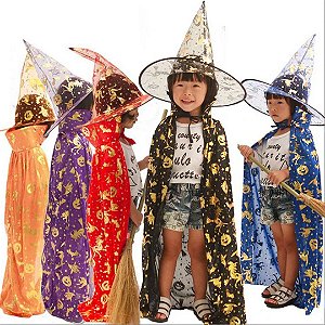 Fantasia Kit Bruxo Infantil Capa E Chapeu Bruxa Bruxinha Feiticeiro Mago Halloween Unisex Cosplay