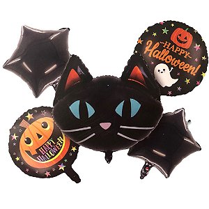 Balão Kit Halloween Metalizado Gato Preto 5 peças Para Decoracao De Festa Dia Das Bruxas