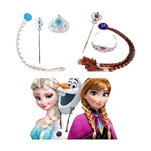 Trança Fantasia Frozen Elsa e Anna Kit Acessórios Princesa do Gelo Coroa e Varinha Festa Aniversário Dia das Crianças