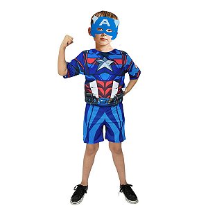 Fantasia Capitão América Infantil Macacão Curto Super Herói Personagem Vingadores Festa Carnaval Dia das Crianças Presente de Aniversário Menino