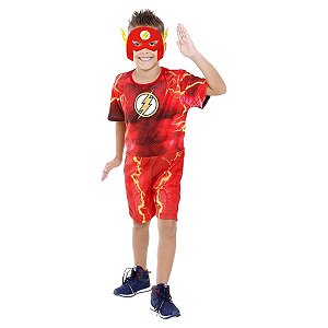 Fantasia Flash Infantil Macacão Curto Super Herói Personagem The Flash Festa Carnaval Dia das Crianças Presente de Aniversário Menino
