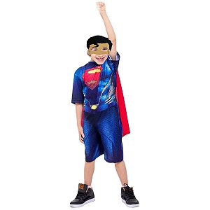 Fantasia Super Homem Infantil Macacão Curto Super Herói Personagem Superman Vingadores Festa Carnaval Dia das Crianças Presente de Aniversário Menino