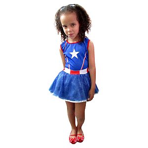 Fantasia Capitã América Infantil Vestido Capitão America Cosplay Super Herói Feminina Personagem de Heroína Festa Carnaval Dia das Crianças Presente de Aniversário Menina