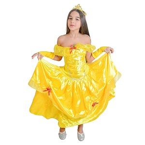 Fantasia Princesa Bela Infantil Vestido A Bela e A Fera Festa de Aniversário Dia das Crianças Presente Menina Carnaval Bloquinho