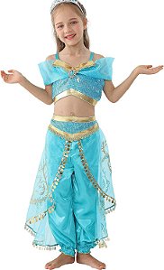 Fantasia Princesa Jasmine Infantil Conjunto Odalisca Tema Aladdin Festa de Aniversário Dia das Crianças Presente Menina Carnaval Bloquinho