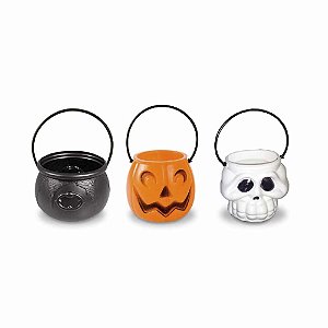 Kit Mini Baldes Pacote Abóbora Caveira Caldeirão Enfeite Decoração Halloween Mesa de Doces Lembrancinha Festa Halloween