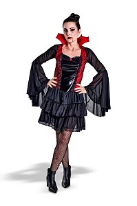 Fantasia Vampira Dark Adulto Vestido Gótico com Gola Cosplay Drácula Feminino Traje Bruxa Rainha Festa Halloween Carnaval