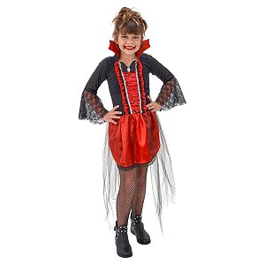 Fantasia Vampirinha Infantil Vestido Vampira com Gola Infantil Drácula Feminina Festa Halloween Dia das Bruxas Carnaval Vampirinha Infantil