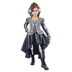 Fantasia Caveira Infantil Dama Esqueleto Feminina Caveirinha com Ossos Festa Halloween Morte Zumbi Dia das Bruxas Terror