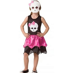 Fantasia Caveirinha Infantil Vestido Halloween Menina Festa Dia das Bruxas Noites do Terror Zumbi