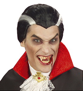 Peruca Vampiro Conde Drácula Cabelo com Mechas Brancas Cosplay Festa Halloween Dia das Bruxas Noites do Terror