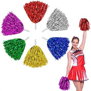 Pompom Metalizado Colorido Acessório Fantasia Líder De Torcida Cheerleader Dançarina Animação de Festa