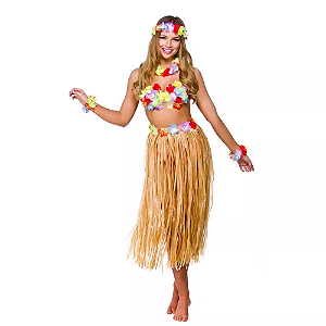 Saia Havaiana 80cm com Flores Fantasia Carnaval Luau Festa Tropical Verão Havaí Aloha Tema Países Feira das Nações
