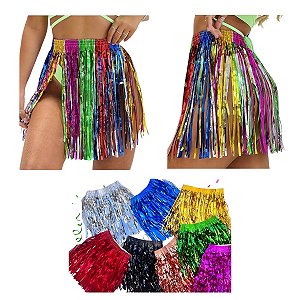 Saia Havaiana Metalizada 40cm Fitilho Colorido Fantasia Bloquinho Carnaval Bloco de Rua Festa Tropical Havaí