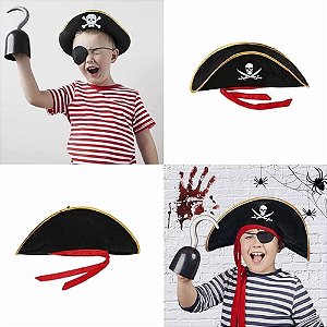Chapéu de Pirata Infantil Festa Carnaval Halloween Acessório Fantasia Caveira Jack Sparrow Piratas do Caribe Capitão Gancho