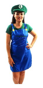 Fantasia Luigi Feminina Infantil Jogo Super Mario Bros Cosplay Anime Game Jardineira Portuga Verde Presente Menina Festa de Aniversário Carnaval Bloquinho