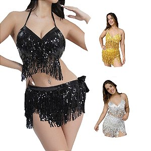 Conjunto Metalizado Paetê Lantejoulas Carnaval Top e Saia Figurino Dança do Ventre Traje Dançarina Bloquinho Carnaval