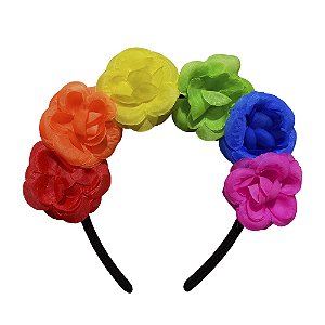 Tiara de Rosas Coloridas Arco Irisi Arquinho Cosplay Fantasia Caveira Mexicana Flores Dia de Los Muertos Festa Halloween Día das Bruxas Bloquinho Carnaval