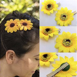 Presilha de Cabelo Bico de Pato Flor Girassol Enfeite para Penteado Festa Junina Trança Noiva Caipira Arraiá Casamento São João