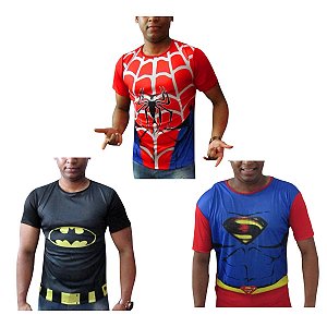 Camiseta Super Herói Adulto Camisa Personagem Super Homem Superman Batman Homem Aranha Personagem Cosplay Carnaval Bloquinho Presente Pai e Filho