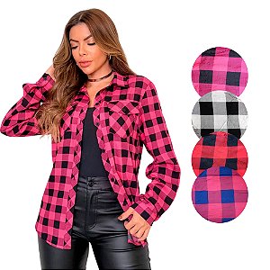 Camisa Xadrez Caipira Feminina Adulto Caipirinha Manga Longa Country Cowgirl Boiadeira Rodeio Festa Junina Quadrilha São João Quermesse Arraiá