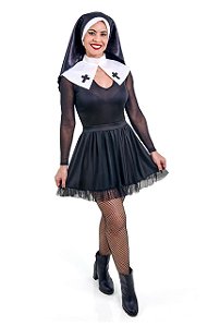 Fantasia Freira Adulto Vestido Noviça Rebelde Irmã Religiosa Cosplay Carnaval Bloquinho Festa Halloween Noites Terror